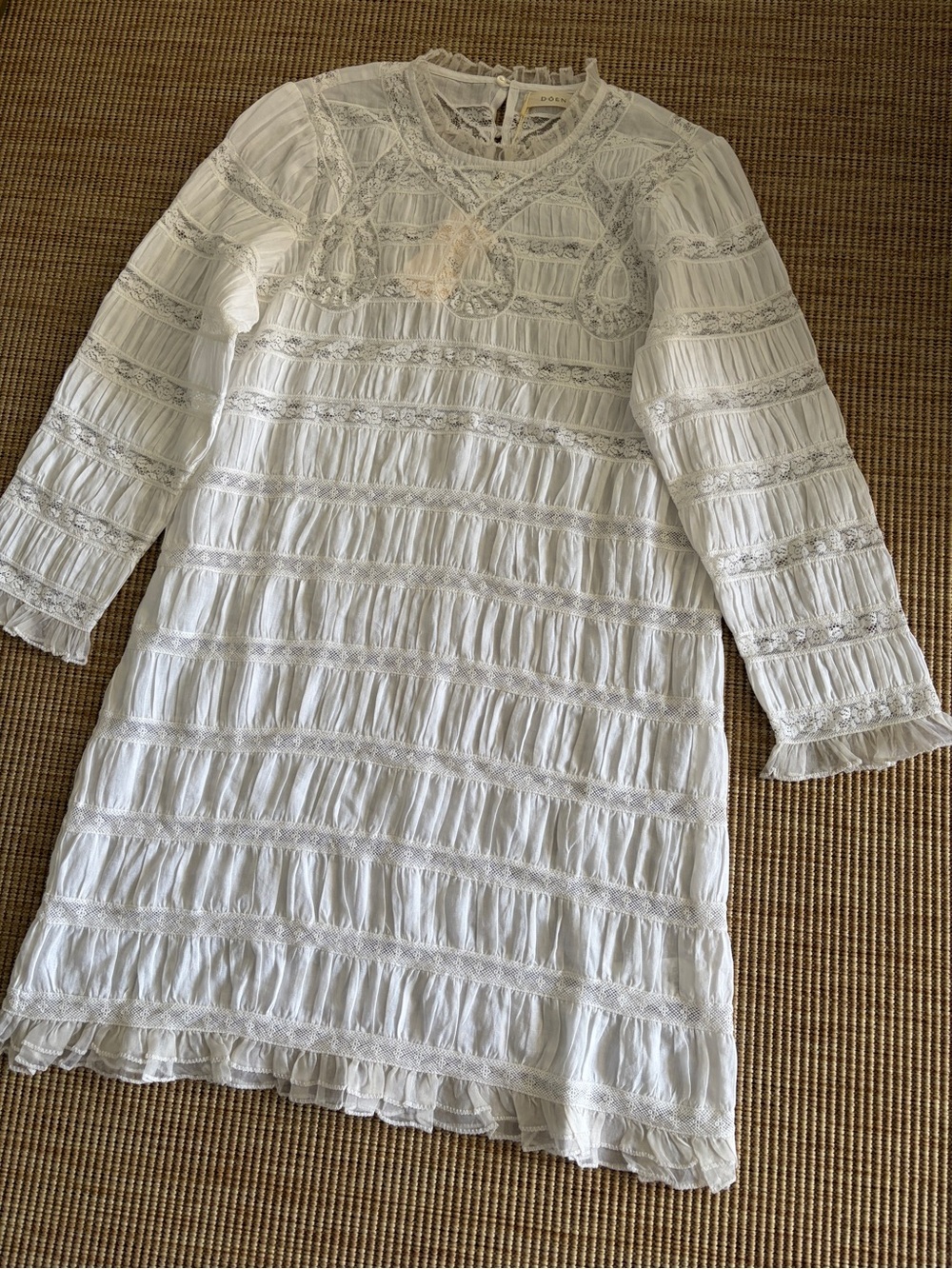 NWT Doen Jacquette Ramie Lace Ruffle Shirred Long Sleeve Mini Dress Salt White - Picture 10 of 16